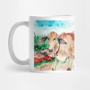 Cute Hand Painted Baby Cow in a Field Mug